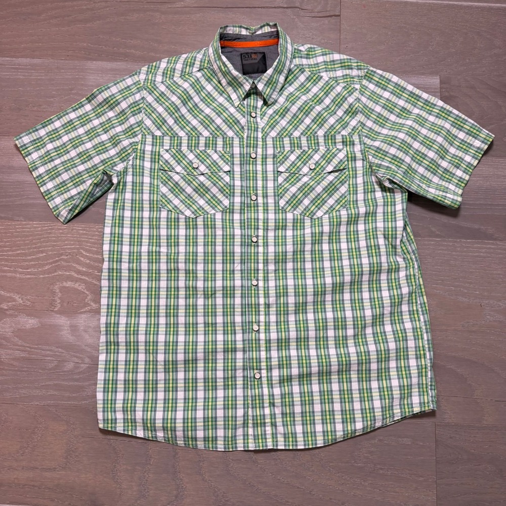 5.11 Tactical Mens Green Plaid Short Sleeve Vented Snap Button Shirt 71348 M